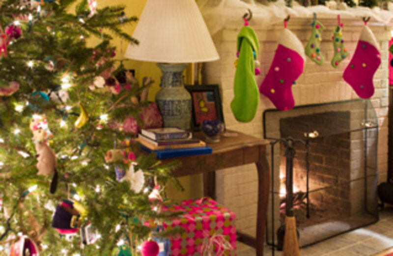 Decorated Christmas Tree — Green, Festive, Winter, Photograph, Fireplace