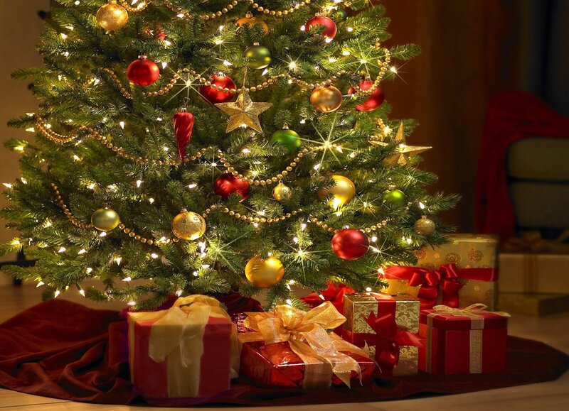 Decorated Christmas Tree — Green, Festive, Winter, Photograph, Gifts, Ornaments, Lights