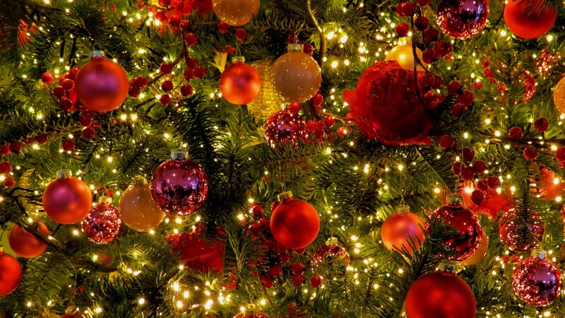Decorated Christmas Tree — Green, Festive, Winter, Photograph, Ornaments, Lights, Berries