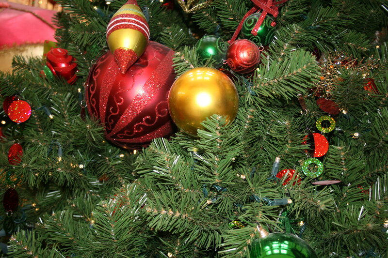 Decorated Christmas Tree — Green, Festive, Winter, Photograph, Ornaments, Lights, Branches