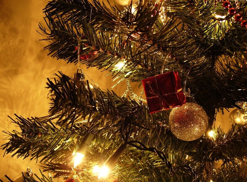Decorated Christmas Tree — Green, Festive, Winter, Photograph, Ornaments, Lights, Gift Box