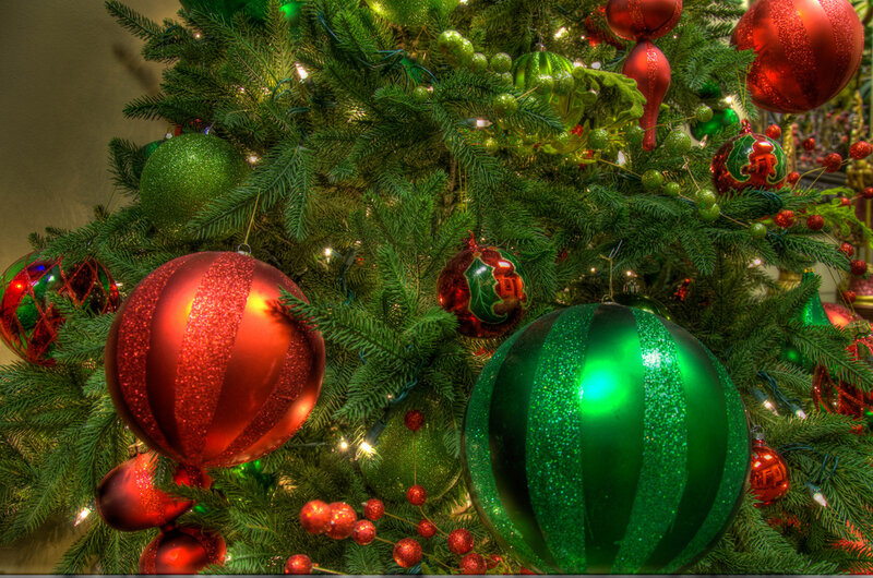 Decorated Christmas Tree — Green, Festive, Winter, Photograph, Ornaments, Lights, Pine Needles