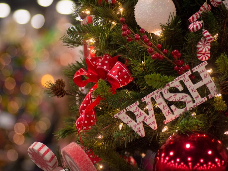 Decorated Christmas Tree — Green, Festive, Winter, Photograph, Red Bow, Ornaments, Lights