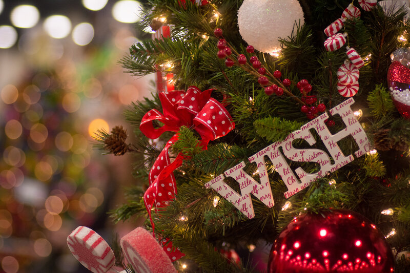 Decorated Christmas Tree — Green, Festive, Winter, Photograph, Red Bow, Ornaments