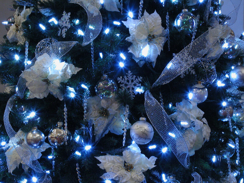 Decorated Christmas Tree — Green, Festive, Winter, Photograph, White Flowers