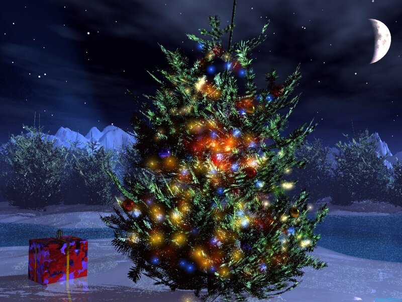 Decorated Christmas Tree — Green, Serene, Night, Digital Art, Gift Box