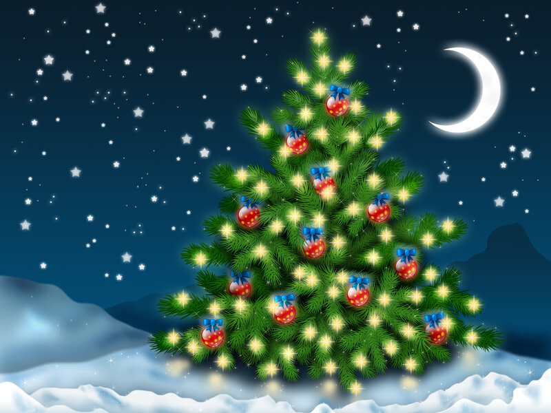 Decorated Christmas Tree — Green, Serene, Night, Digital Art