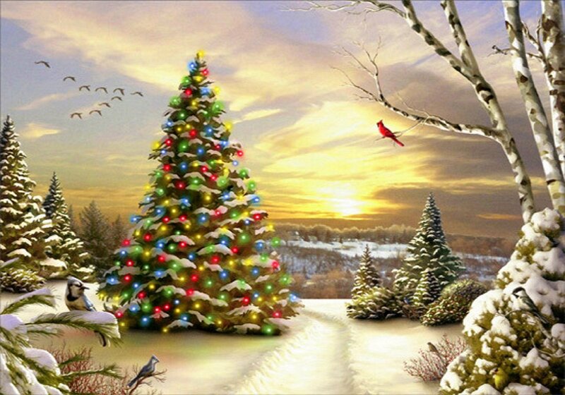 Decorated Christmas Tree — Green, Serene, Winter, Digital Art