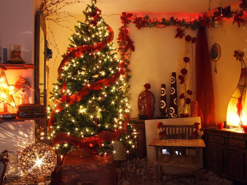 Decorated Christmas Tree — Red, Cozy, Night, Photograph