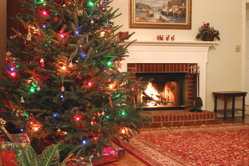 Decorated Christmas Tree — Red, Cozy, Winter, Photograph, Fireplace, Painting