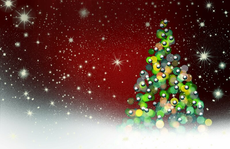 Decorated Christmas Tree — Red, Festive, Night, Digital Art, Stars