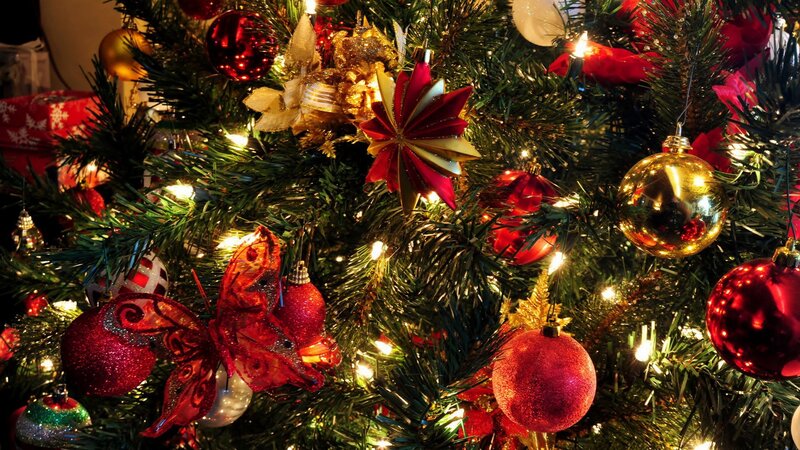 Decorated Christmas Tree — Red, Festive, Night, Photograph, Ornaments, Lights, Baubles, Branches