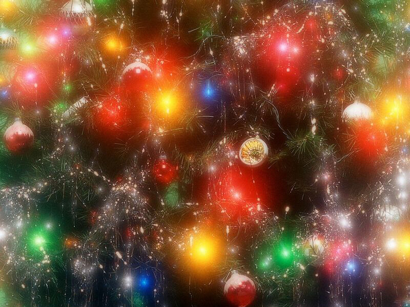 Decorated Christmas Tree — Red, Festive, Night, Photograph, Ornaments, Lights, Branches
