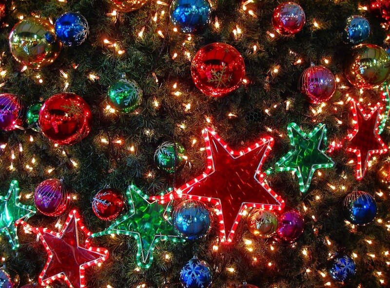 Decorated Christmas Tree — Red, Festive, Night, Photograph, Ornaments, Lights, Stars