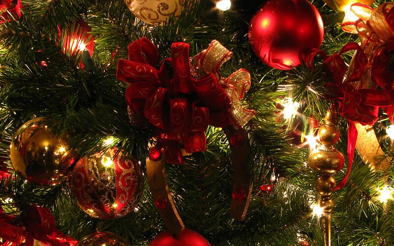 Decorated Christmas Tree — Red, Festive, Night, Photograph, Ornaments, Ribbons, Lights, Branches