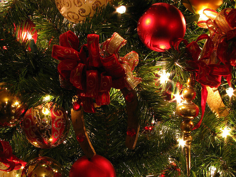 Decorated Christmas Tree — Red, Festive, Night, Photograph, Ornaments, Ribbons