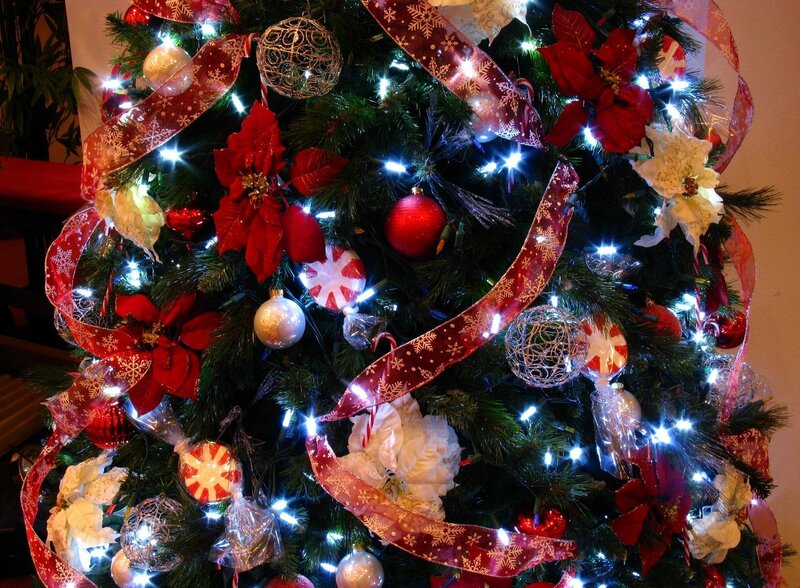 Decorated Christmas Tree — Red, Festive, Night, Photograph, Ribbons
