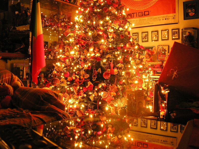 Decorated Christmas Tree — Red, Festive, Night