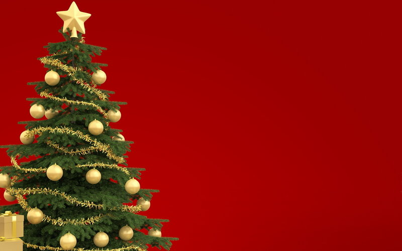 Decorated Christmas Tree — Red, Festive, Winter, 3d Render, Star, Ornaments