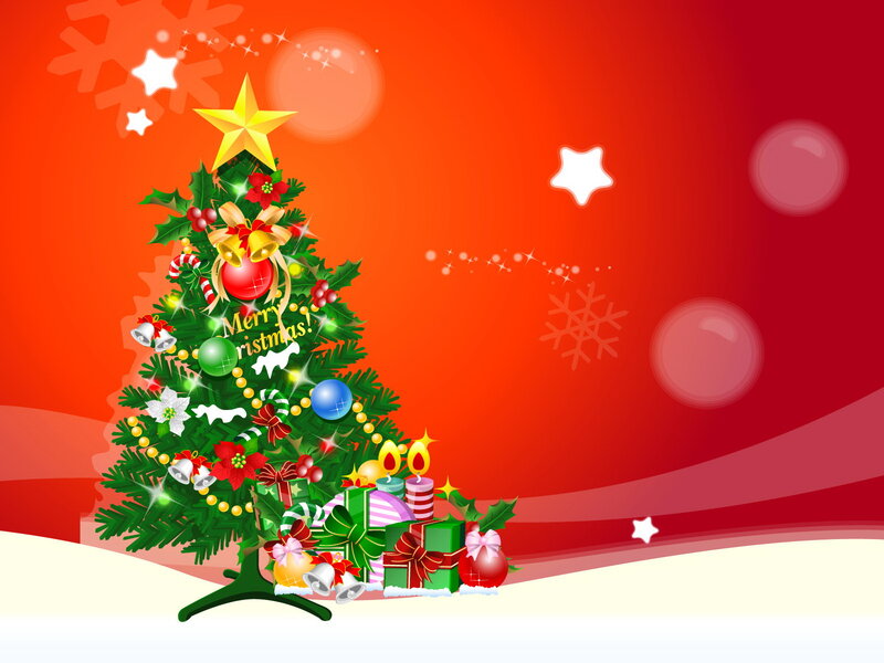 Decorated Christmas Tree — Red, Festive, Winter, Digital Art, Gifts, Ornaments