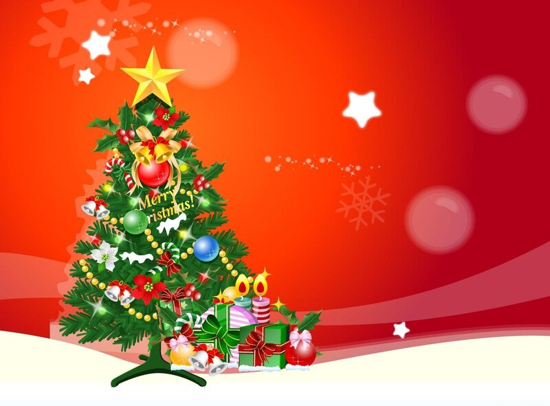 Decorated Christmas Tree — Red, Festive, Winter, Digital Art, Gifts, Star, Snowflakes
