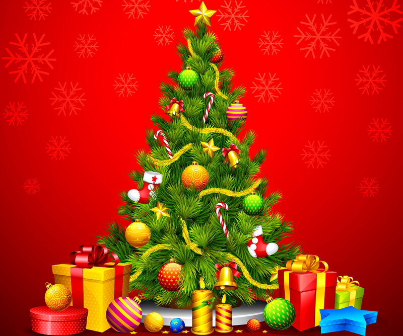 Decorated Christmas Tree — Red, Festive, Winter, Digital Art, Gifts