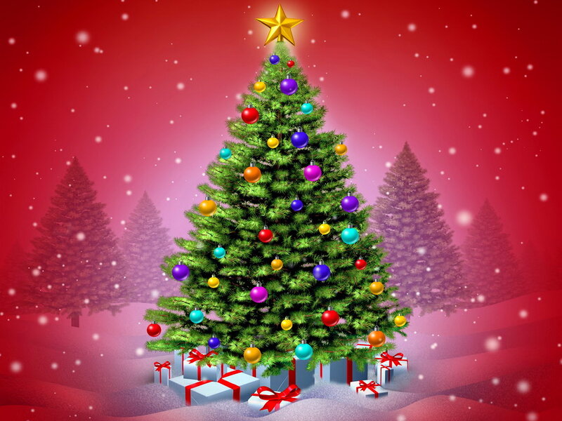 Decorated Christmas Tree — Red, Festive, Winter, Digital Art, Ornaments, Presents