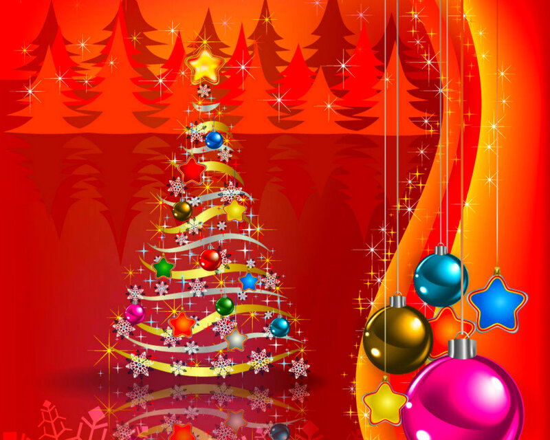 Decorated Christmas Tree — Red, Festive, Winter, Digital Art, Ornaments, Stars