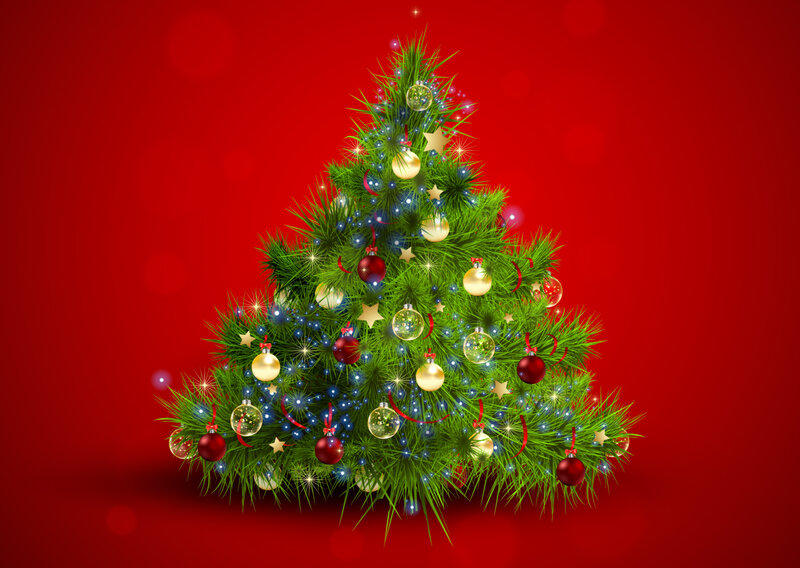 Decorated Christmas Tree — Red, Festive, Winter, Digital Art, Ornaments