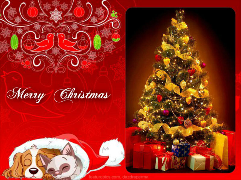 Decorated Christmas Tree — Red, Festive, Winter, Digital Art, Presents