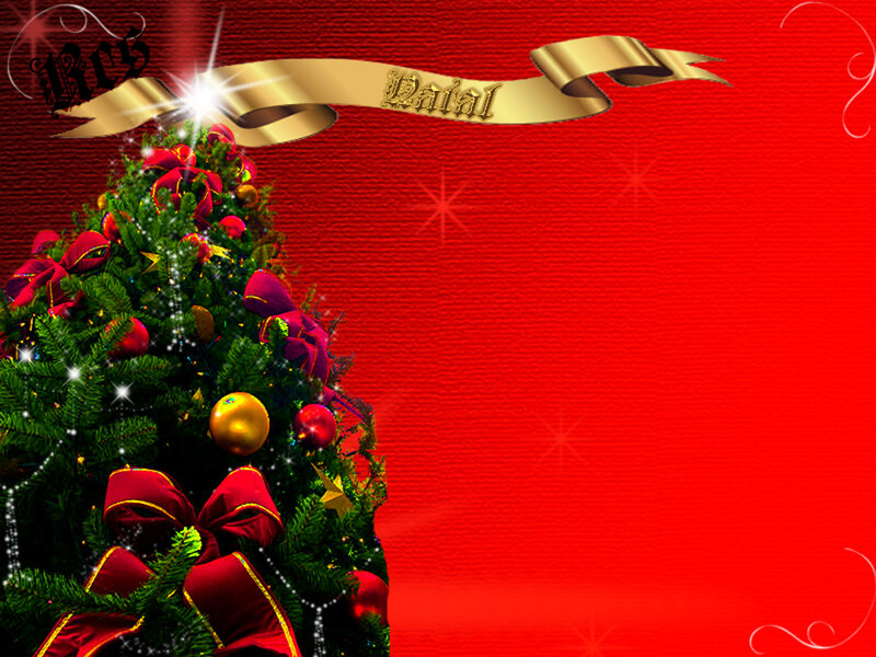 Decorated Christmas Tree — Red, Festive, Winter, Digital Art, Ribbon