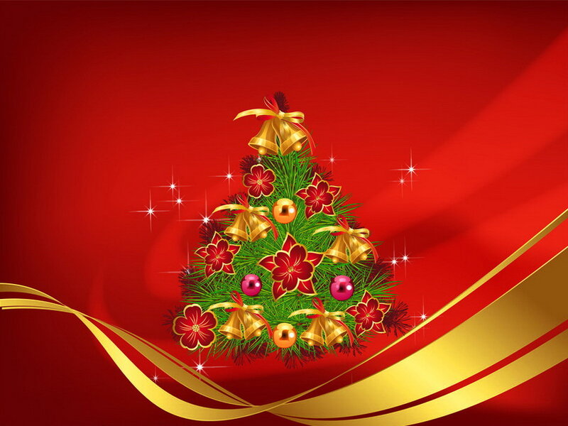 Decorated Christmas Tree — Red, Festive, Winter, Digital Art, Ribbons
