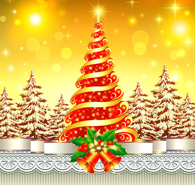 Decorated Christmas Tree — Red, Festive, Winter, Digital Art, Snowy Trees
