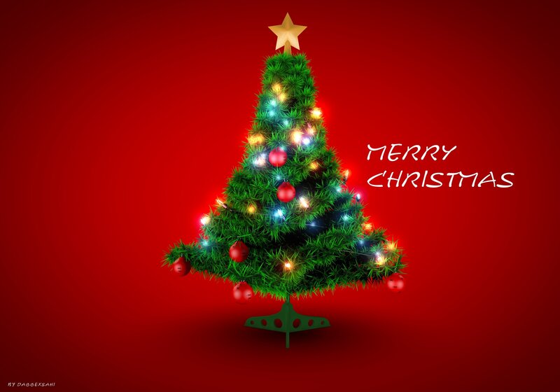 Decorated Christmas Tree — Red, Festive, Winter, Digital Art, Star, Lights