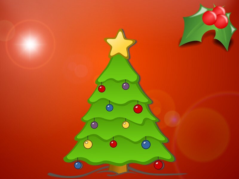 Decorated Christmas Tree — Red, Festive, Winter, Digital Art, Star