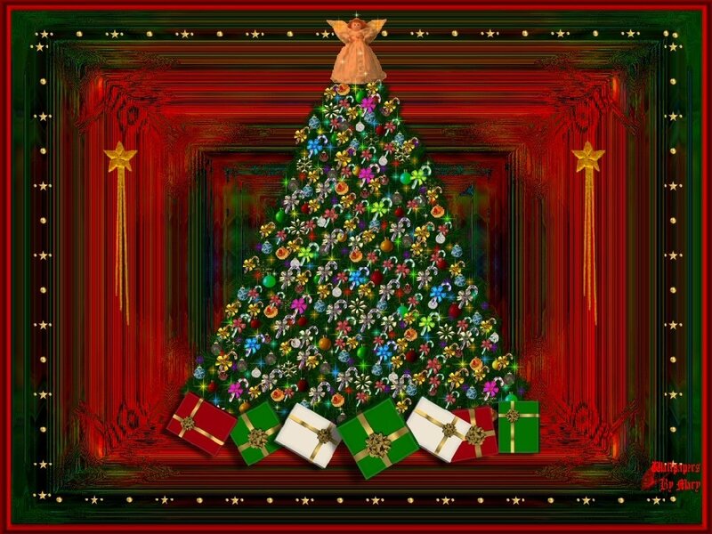 Decorated Christmas Tree — Red, Festive, Winter, Digital Art