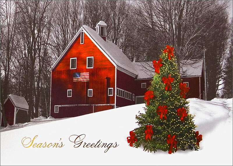 Decorated Christmas Tree — Red, Festive, Winter, Photograph, Barn