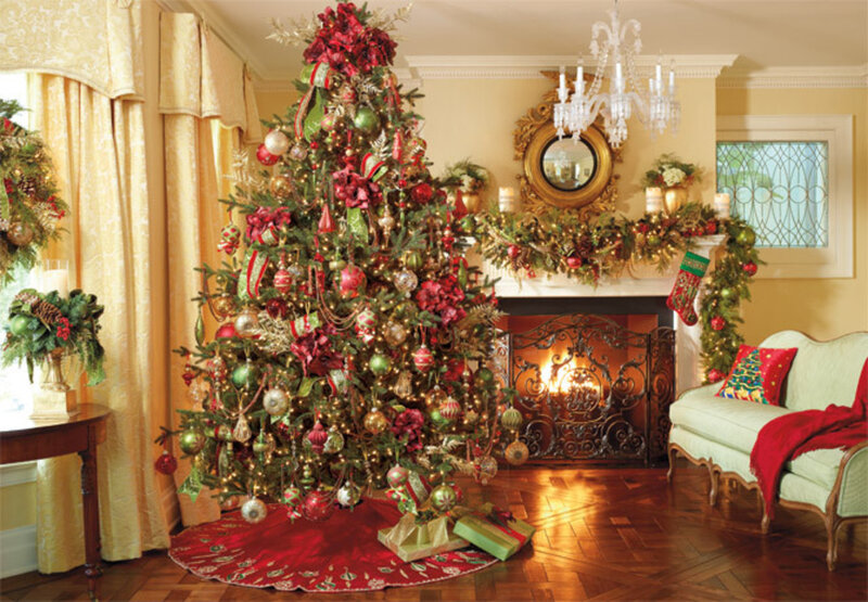 Decorated Christmas Tree — Red, Festive, Winter, Photograph, Fireplace