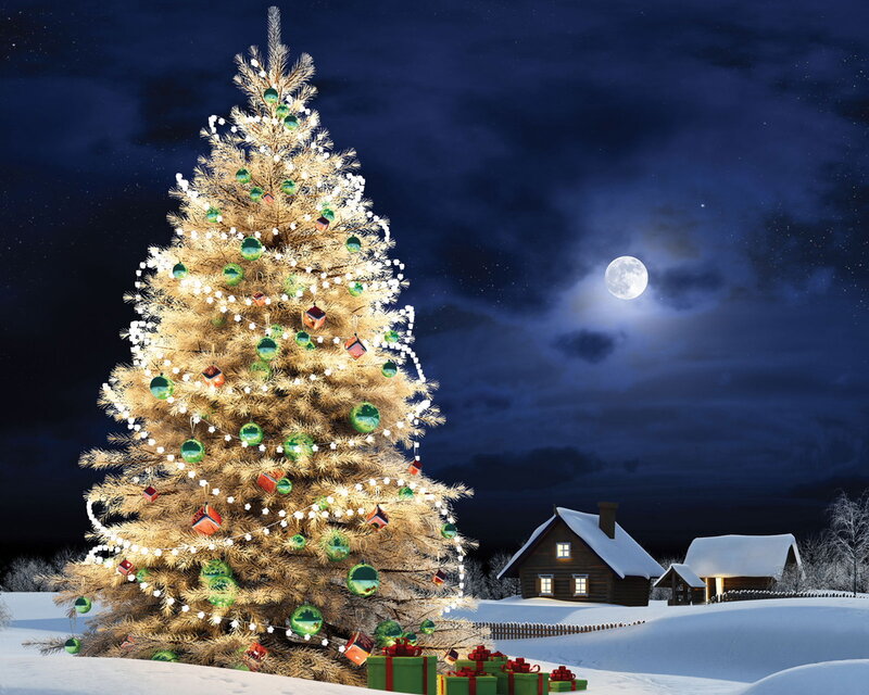 Decorated Christmas Tree — White, Serene, Night, Digital Art, Moon