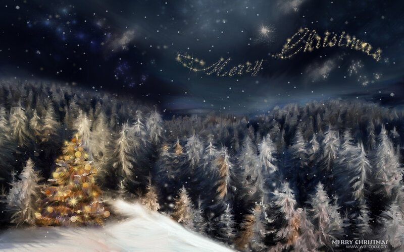 Decorated Christmas Tree — White, Serene, Night, Digital Art, Snowy Forest