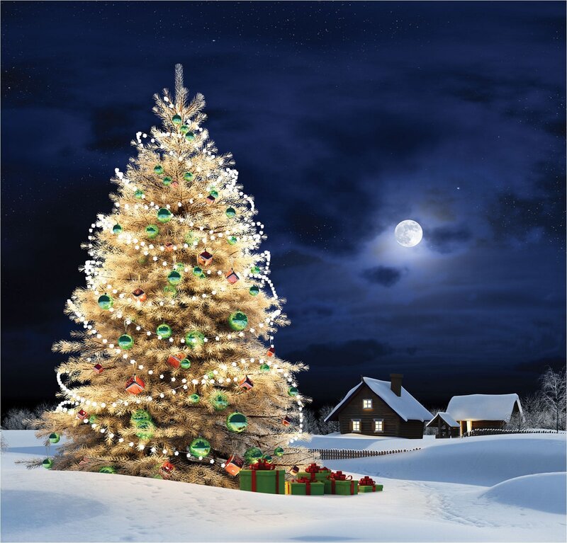 Decorated Christmas Tree — White, Serene, Night, Digital Art