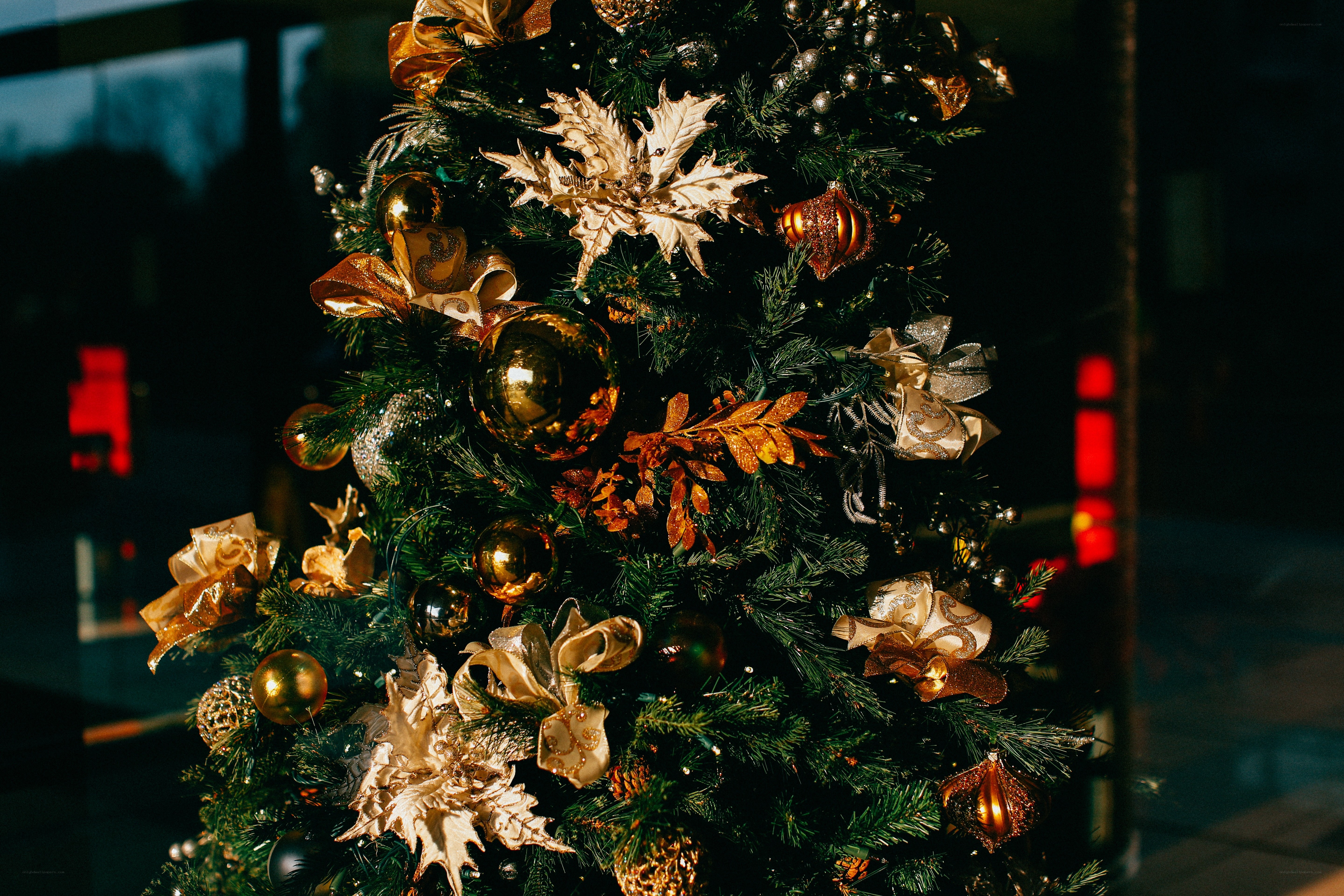 Decorated Christmas tree with gold ornaments