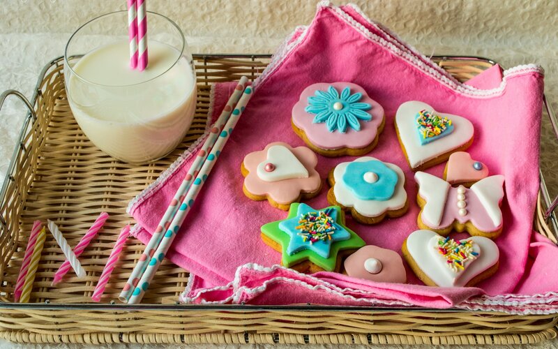 Decorated Cookies on Tray — Pink, Sweet, Photograph, Milk