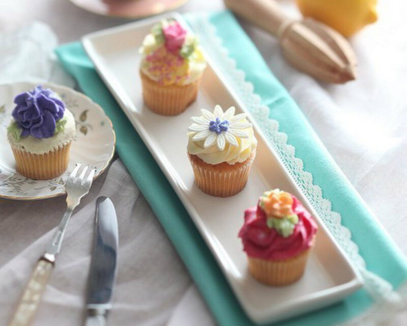 Decorated Cupcakes on Tray — White