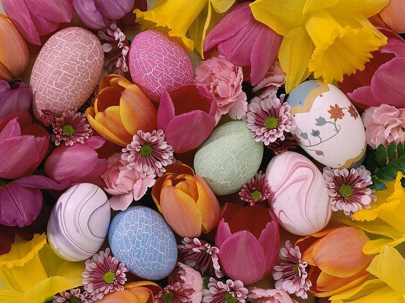Decorated Easter Eggs and Flowers
