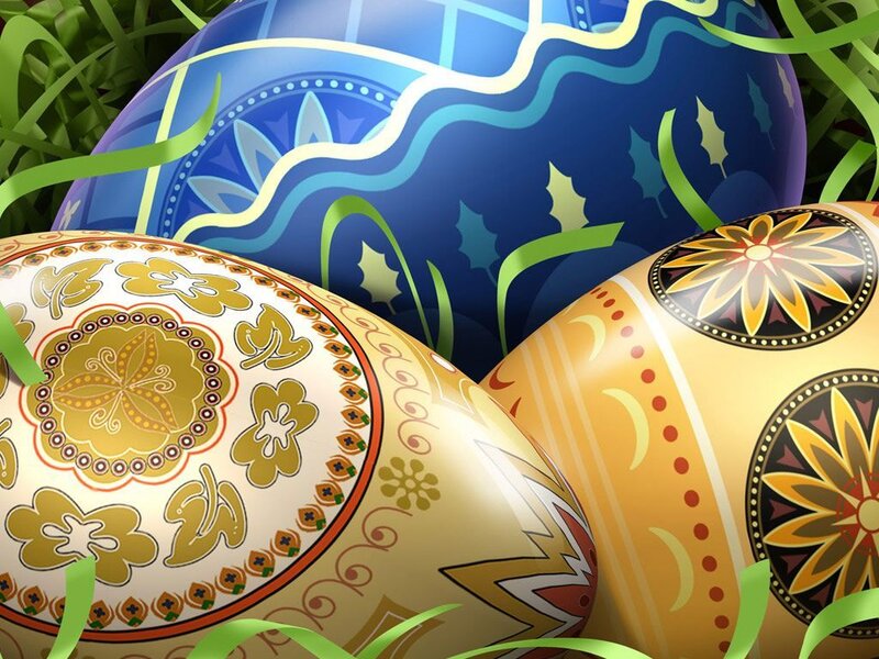 Decorated Easter Eggs — Blue, Festive, Digital Art, Grass, Ribbons, Yellow