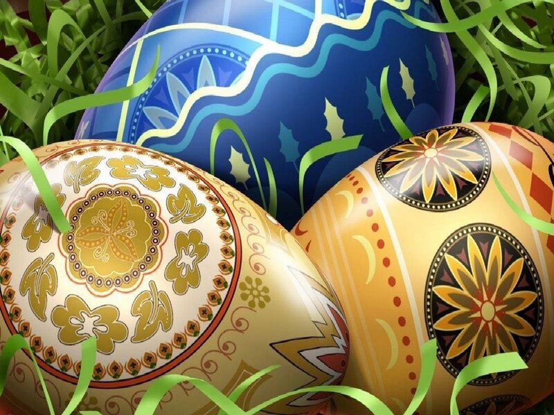 Decorated Easter Eggs — Blue, Festive, Digital Art, Grass