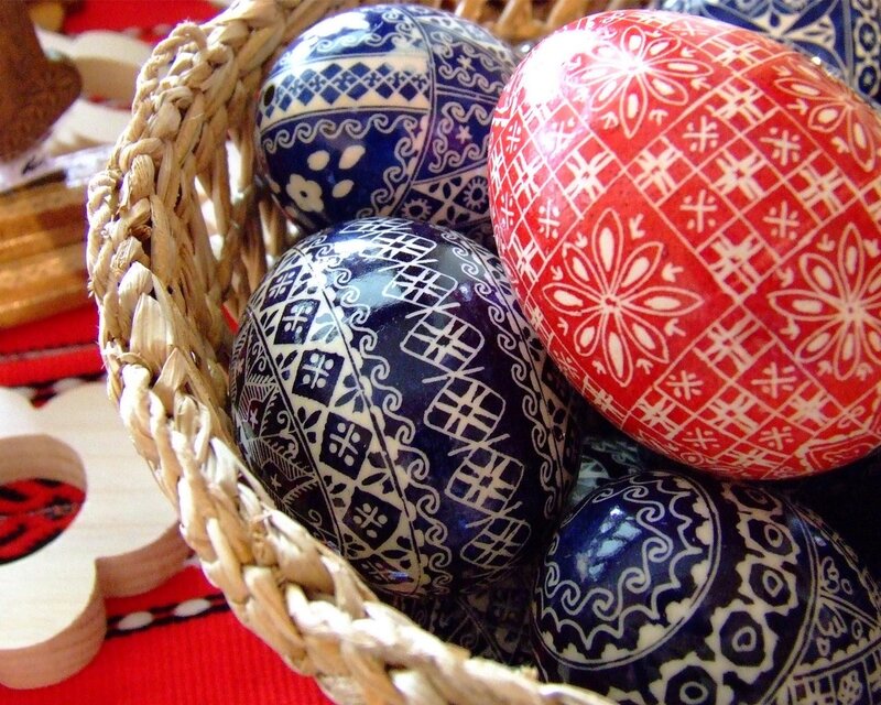 Decorated Easter Eggs — Blue, Festive, Photograph, Basket, Red Cloth