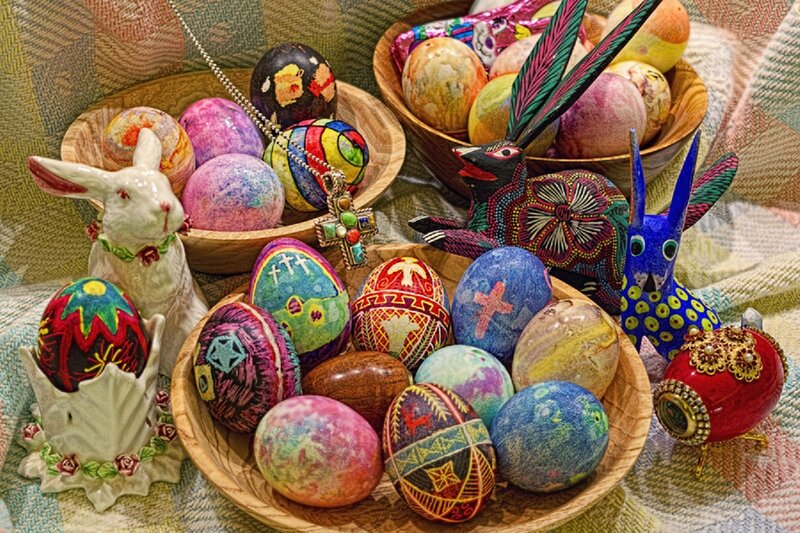 Decorated Easter Eggs — Blue, Festive, Photograph, Ceramic Rabbit