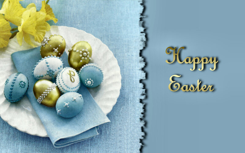 Decorated Easter Eggs — Blue, Festive, Spring, Photograph, Daffodils